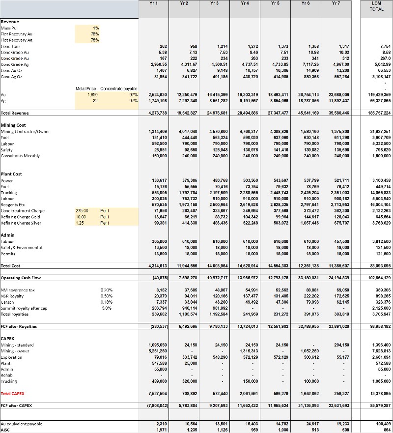 Detailed cash flow model with key assumptions